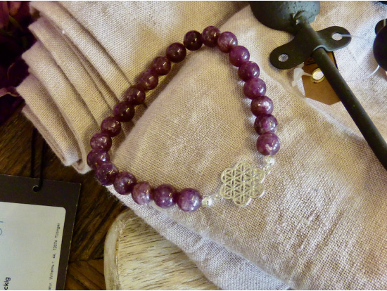 Lepidolith-Armband, 8mm Kugeln- mit Silberblume